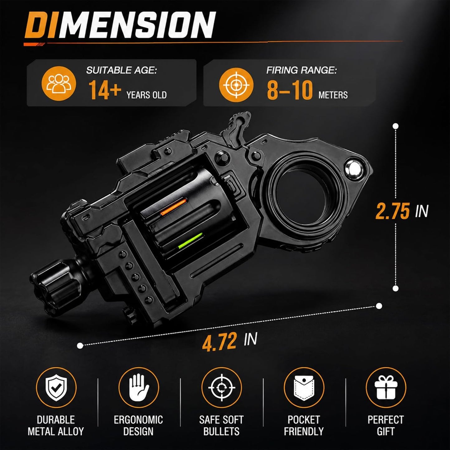 Metal Fidget Gun Toys for Adults: Stress Relief EDC Spinner Toy, Cool Revolver Fidget Toy with Ring & Slider for Finger, Mini Decompression Gadgets for Adult Men