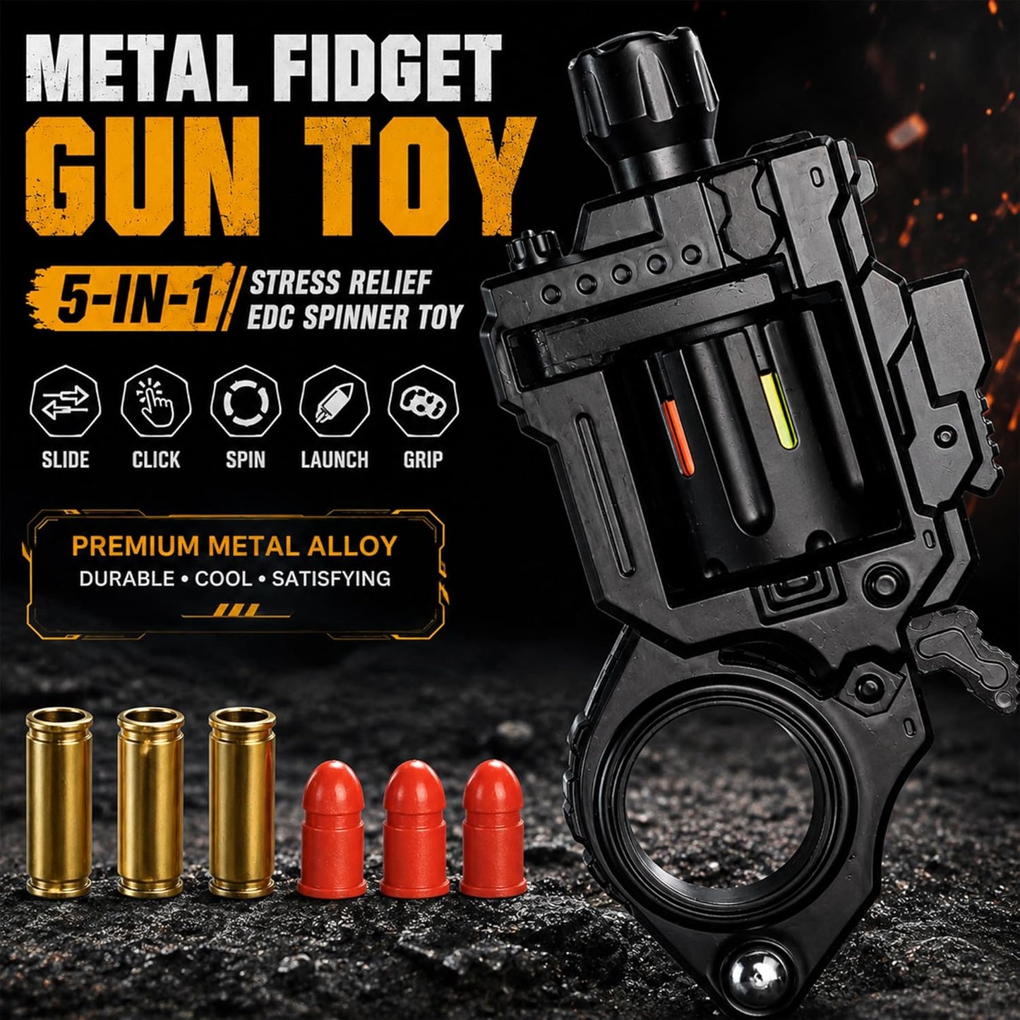 Metal Fidget Gun Toys for Adults: Stress Relief EDC Spinner Toy, Cool Revolver Fidget Toy with Ring & Slider for Finger, Mini Decompression Gadgets for Adult Men